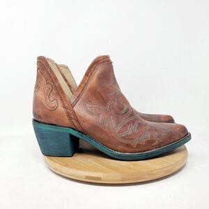 Circle G Boot Women 7 LD Cognac Brown Leather Turquoise Blue Western Cowboy Shoe
